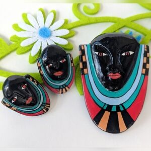 Vintage Tribal Face Mask Brooch & Earring Set- Black Red Orange Turquoise Wood
